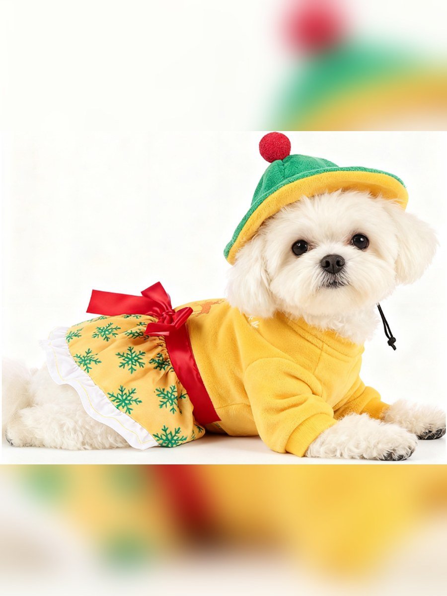 Warm Yellow Velvet Reindeer Dress Set (Hat + Skirt)
