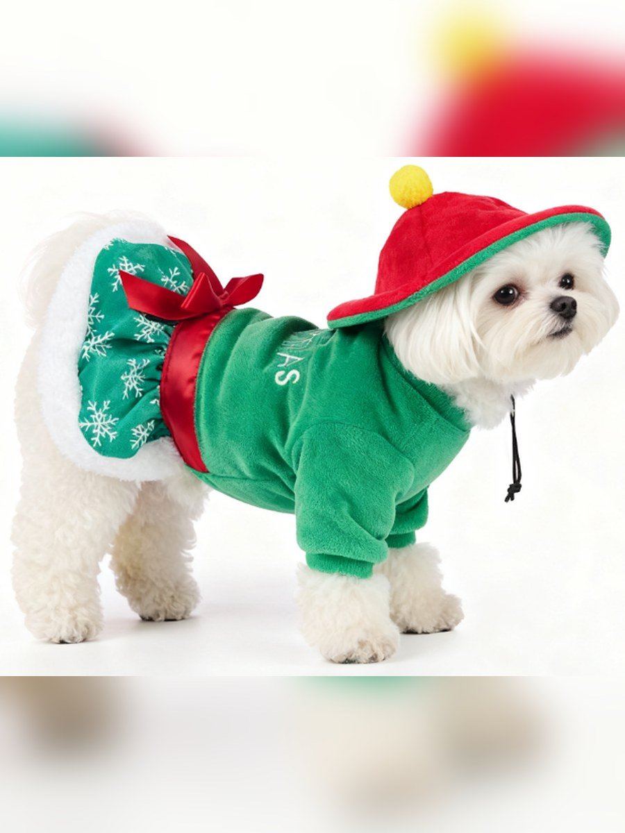 Green Velvet Snowflake Christmas Dress Set (Hat + Skirt)